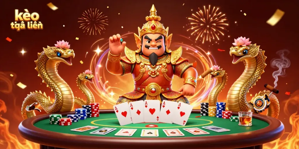 Engaging 3D artwork showcasing kèo trực tuyến with a friendly yaksha and Naga surrounded by poker elements.