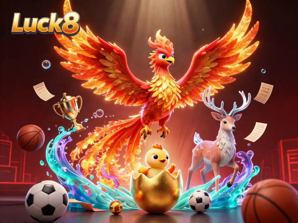 Experience thrilling sports betting action with Luck8 featuring vibrant phoenix elements and dynamic game symbols.