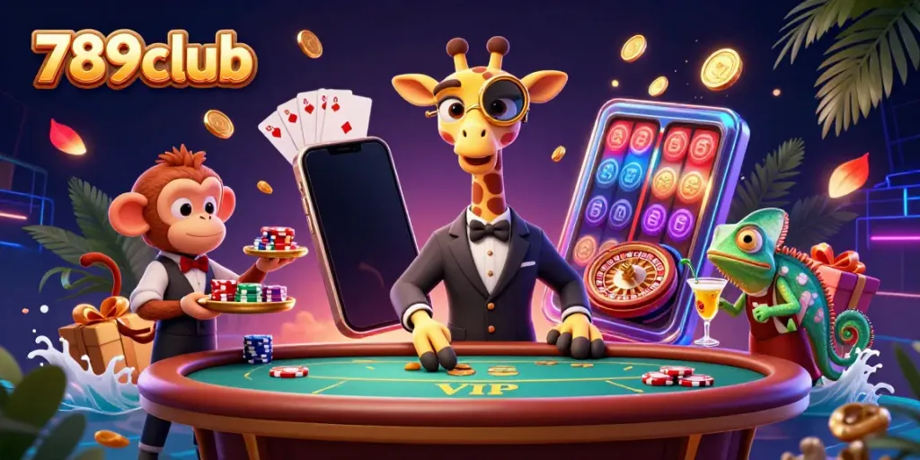 Experience excitement with 789club's 3D vibrant casino scene featuring a giraffe, monkey, and chameleon.