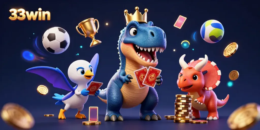 Experience the vibrant gaming energy with 33win in this dynamic 3D illustration showcasing fun characters and sports elements.