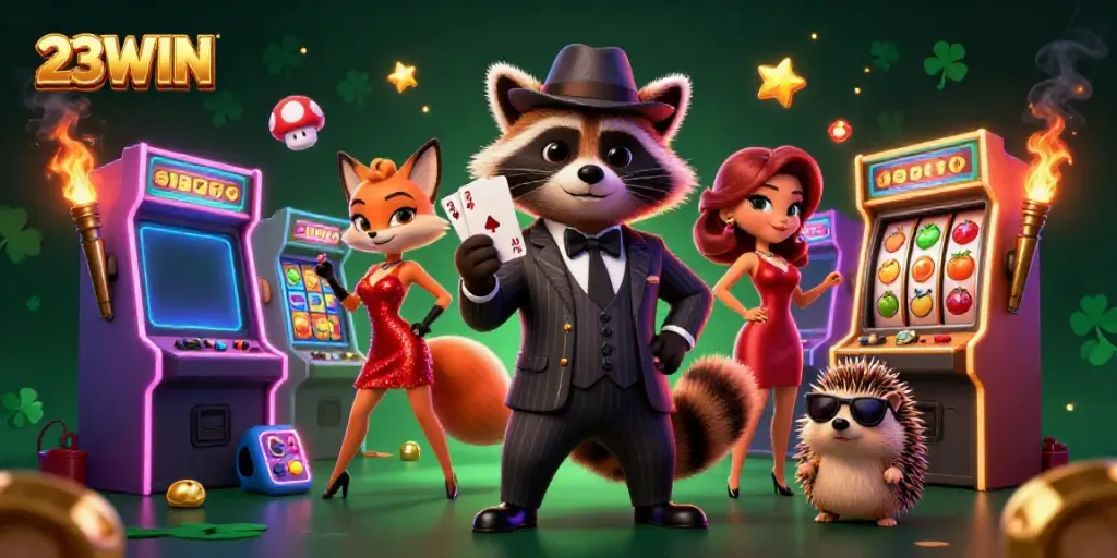Engage in thrilling gaming with 23WIN's vibrant 3D casino illustration featuring a raccoon, fox, and hedgehog.