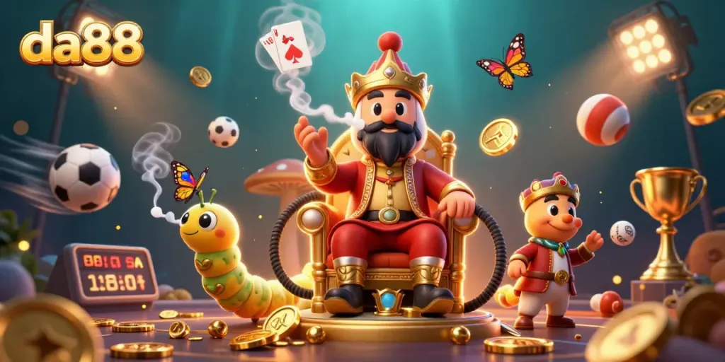 Experience thrilling gameplay at da88 with vibrant cartoon characters and dynamic sports elements in a lively casino setting.