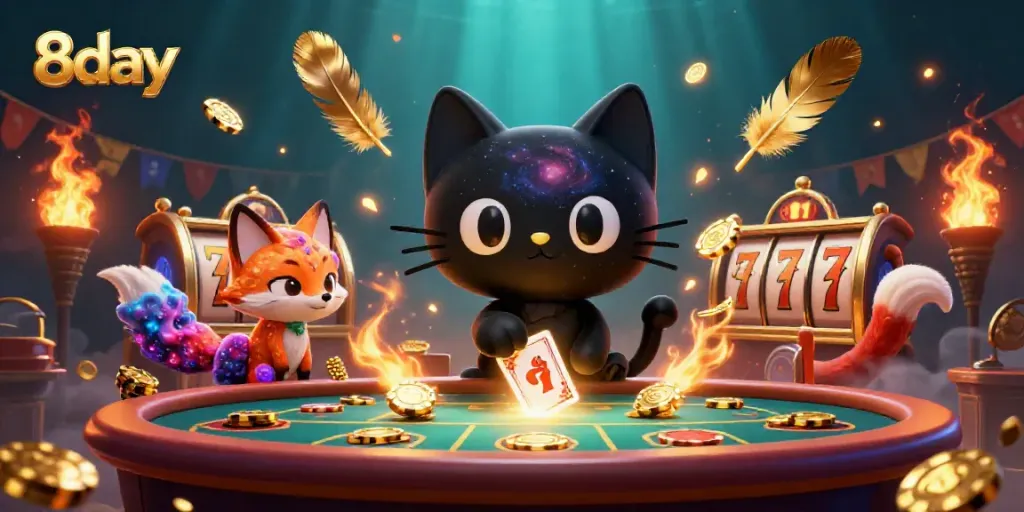 Experience thrilling 8day casino action with a cosmic black hole cat, golden chips swirling around.