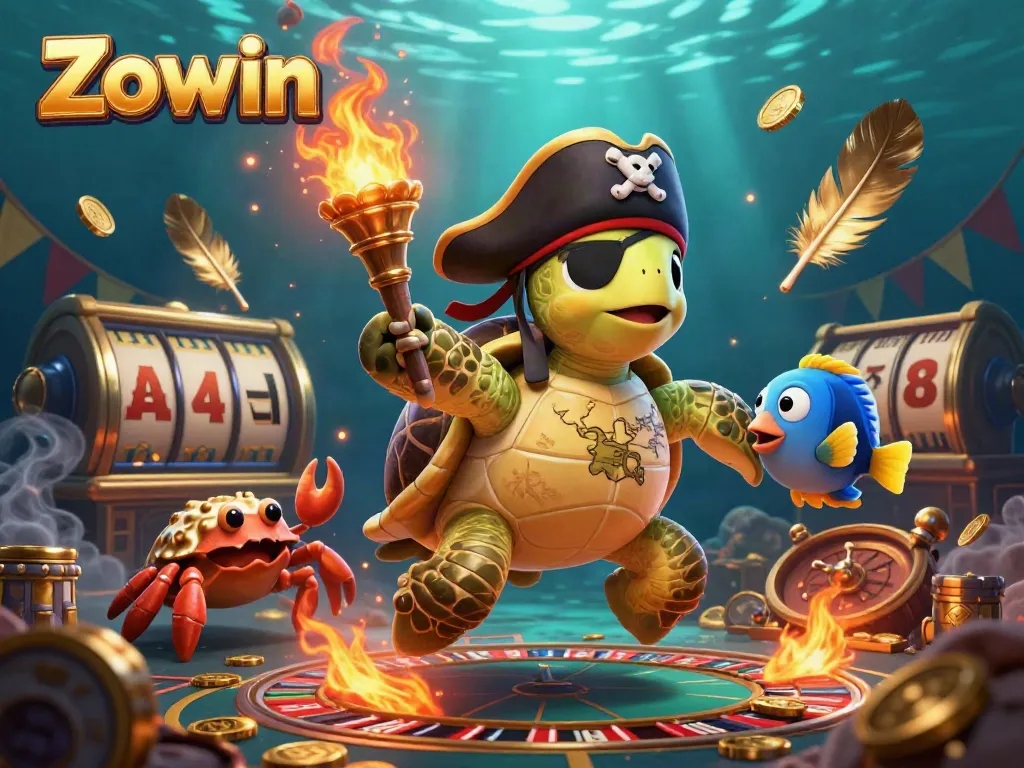 Zowin pirate turtle and friends enjoying casino fun above treasure, dynamic and colorful scene.