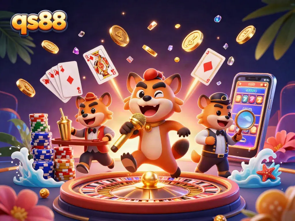 Experience the excitement at qs88 with hyenas in a vibrant casino scene showcasing comedy and gaming.