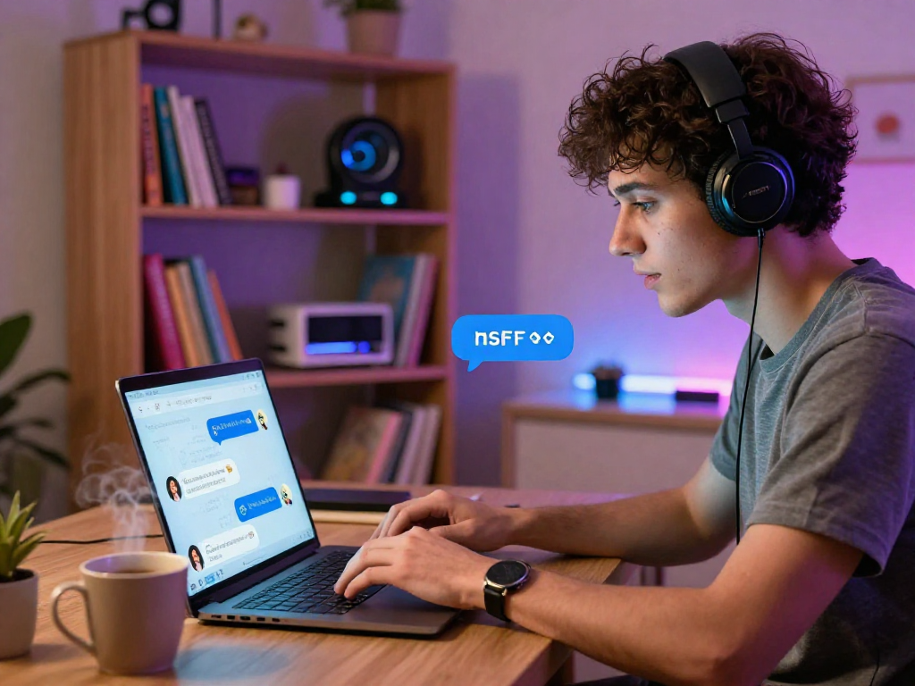 Engaging in nsfw ai chat in a modern home office with vibrant decor.