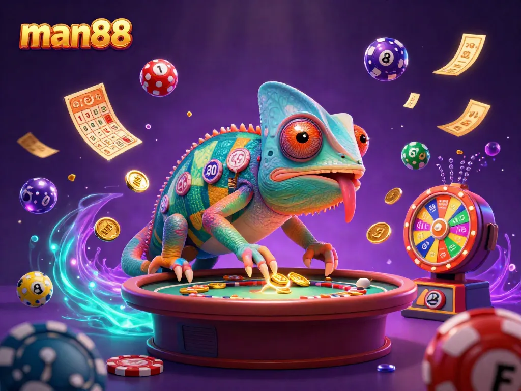 Experience thrilling casino action with man88, as colorful lottery balls and golden prizes burst throughout the vibrant scene.