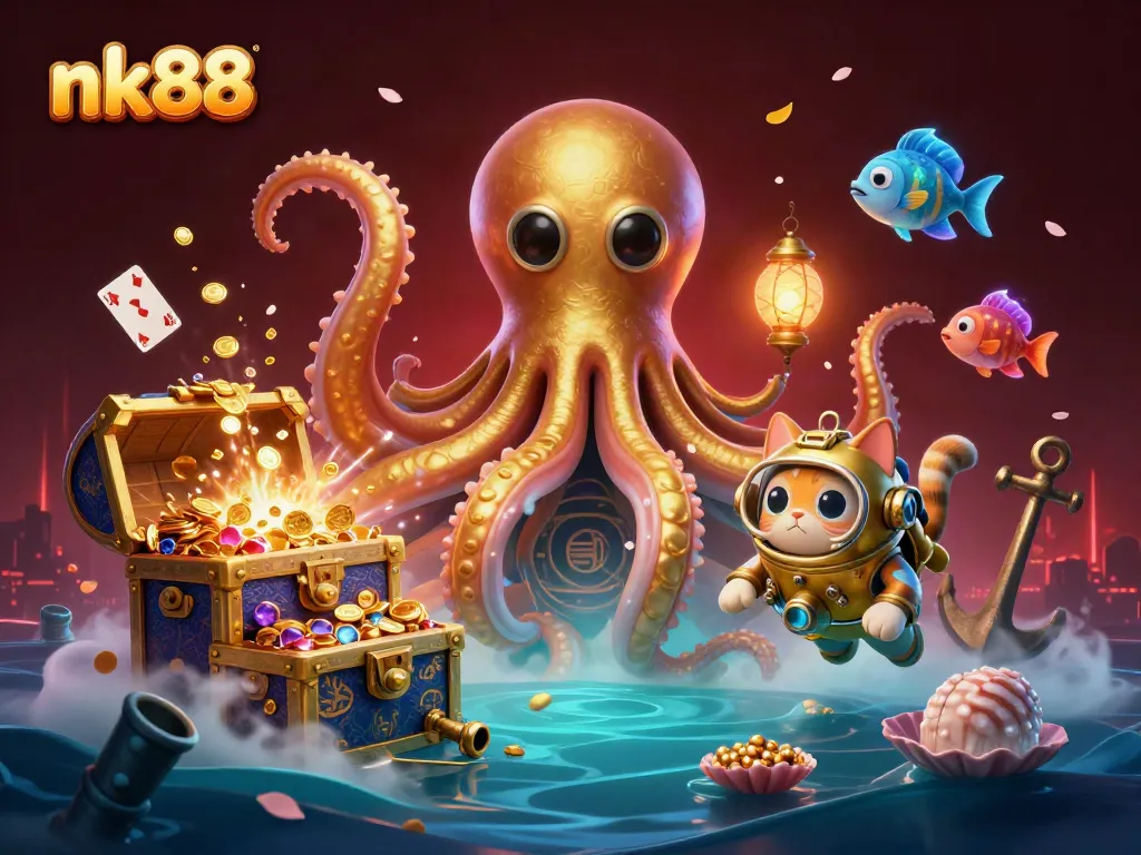 Experience thrilling gameplay with nk88 featuring a colossal kraken and a diving cat in an underwater casino.
