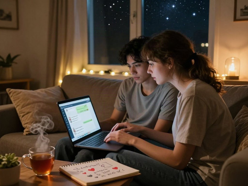 Couple engaging in nsfw ai chat in a cozy room with soft lighting.