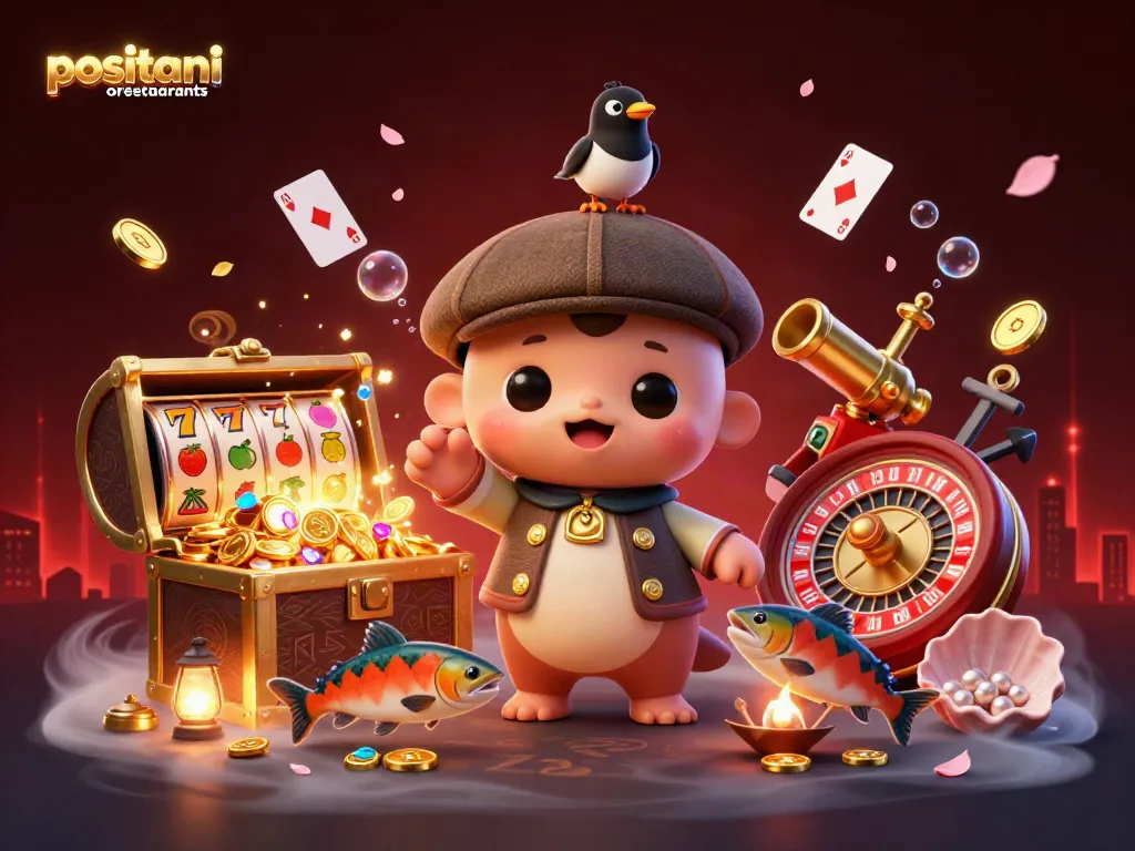Play exciting games at positanorestaurants with a whimsical scene featuring a cartoon baby Nessie and vibrant casino elements.