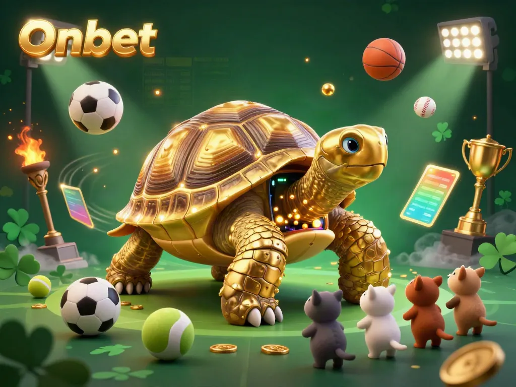Engage with thrilling Onbet action featuring a golden tortoise pinball machine animated with joy.