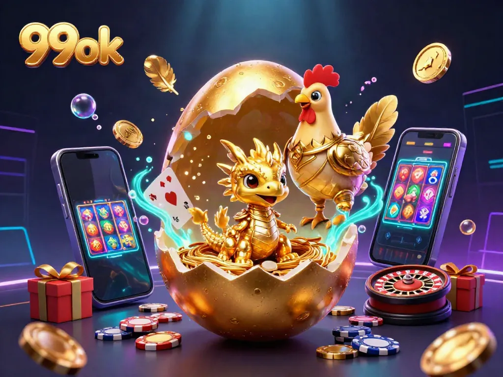 Win big with 99ok as a golden baby dragon emerges from a poker chip nest in this vibrant casino scene.