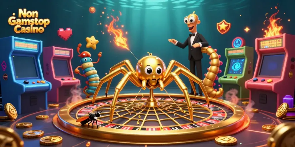 Experience the thrill of a Non Gamstop Casino with a golden spider and vibrant gaming elements