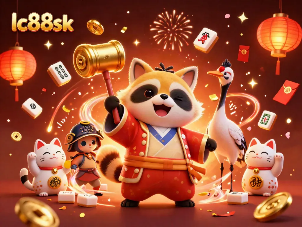 Experience the thrill of lc88sk with a festive 3D illustration featuring tanuki and lucky cats celebrating.