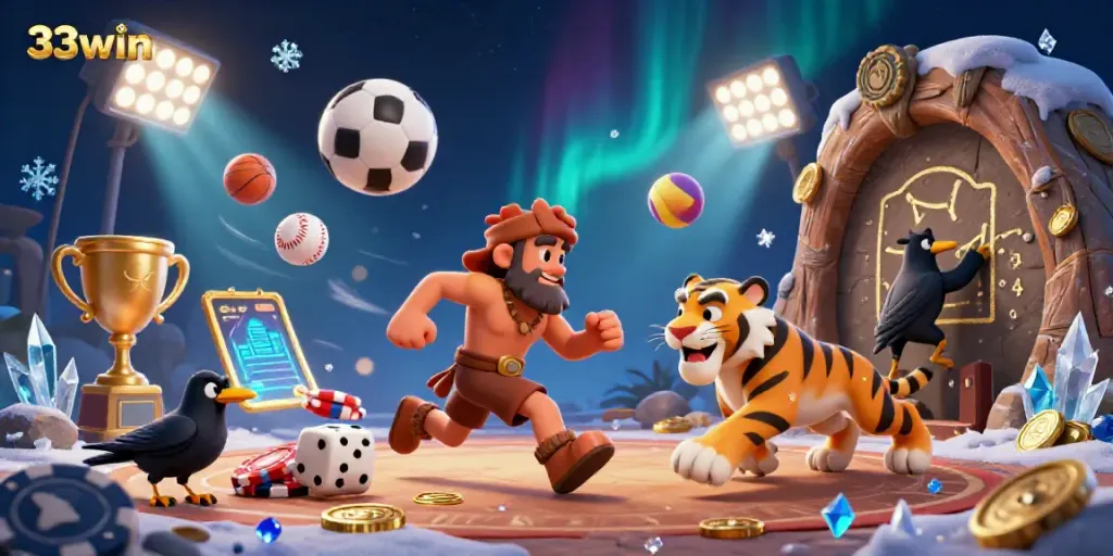 Experience the vibrant excitement of 33win at a prehistoric casino featuring dynamic sports elements and interactive characters.