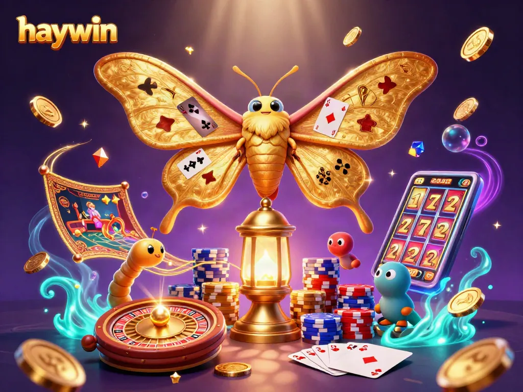 Experience thrilling gameplay with haywin's vibrant casino scene, showcasing majestic moths and dazzling treasures.