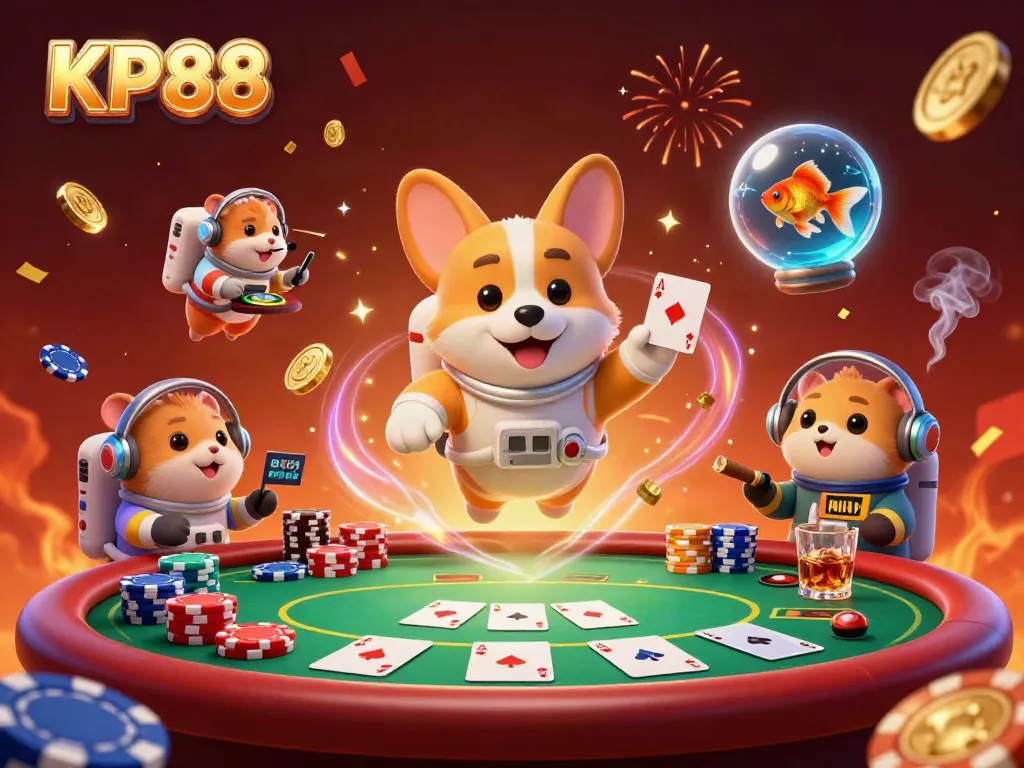 KP88 casino illustration with a corgi astronaut, hamster, and goldfish amidst floating poker elements.