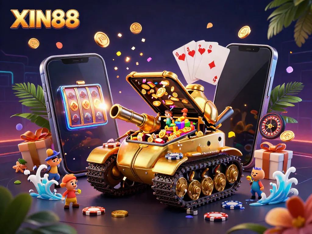 Experience thrilling gameplay with XIN88's vibrant casino atmosphere featuring games, coins, and festive elements.