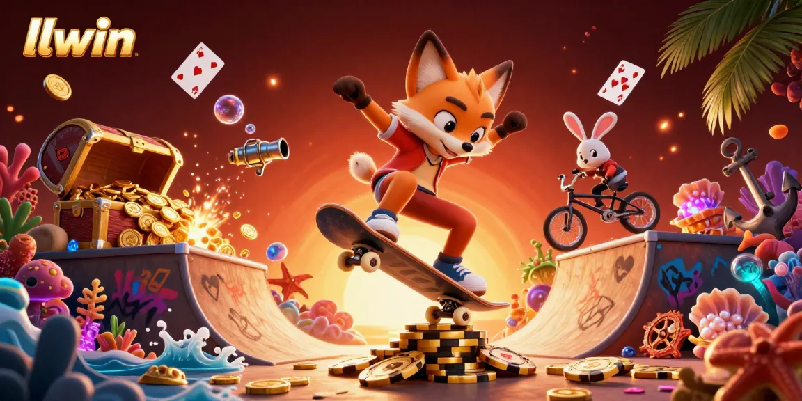 llwin presents an exciting 3D casino scene with skateboard tricks and vibrant casino symbols