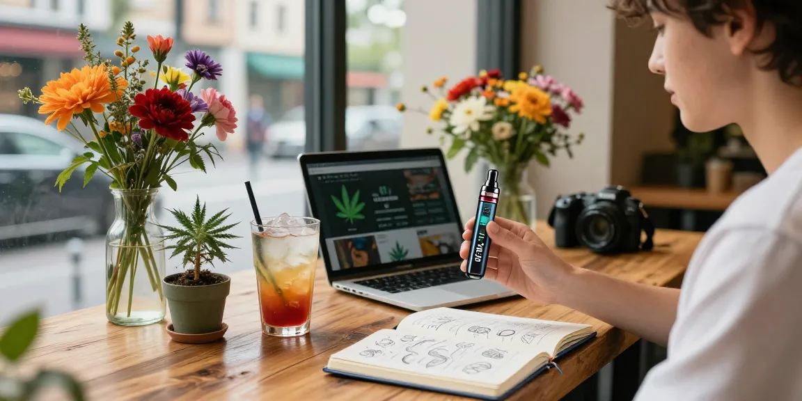 Young adult enjoying THC pens in a trendy café, surrounded by vibrant decor and creative workspace.
