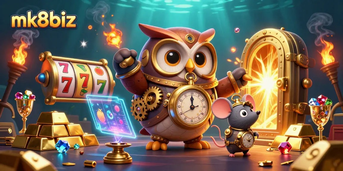 Spin the reels at mk8biz with vibrant casino elements, featuring an owl and treasures.