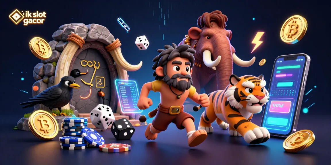 Experience the excitement of link slot gacor with vibrant caveman casino scene filled with crypto elements.