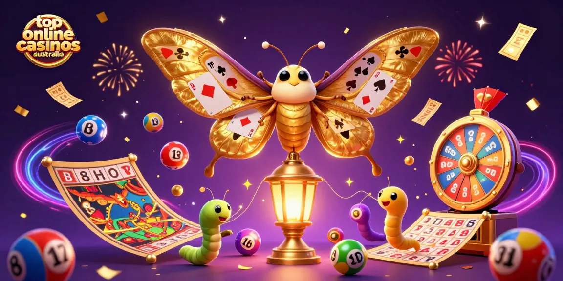 Experience the thrill of top online casinos Australia with vibrant lottery balls and a majestic moth.