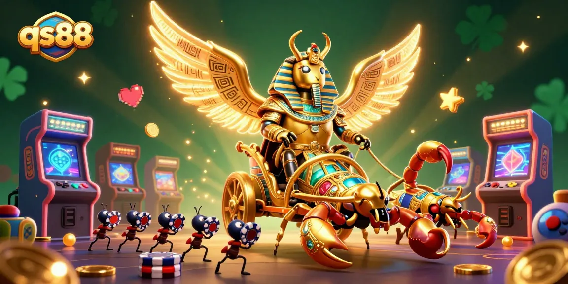 Engage with qs88's thrilling gaming adventure featuring a colossal scarab beetle and dynamic casino elements.