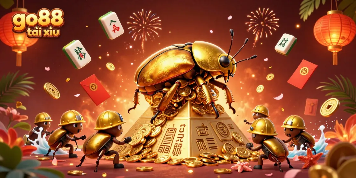 Engage with go88 tài xỉu as a golden beetle rolls coins, surrounded by vibrant casino symbols.
