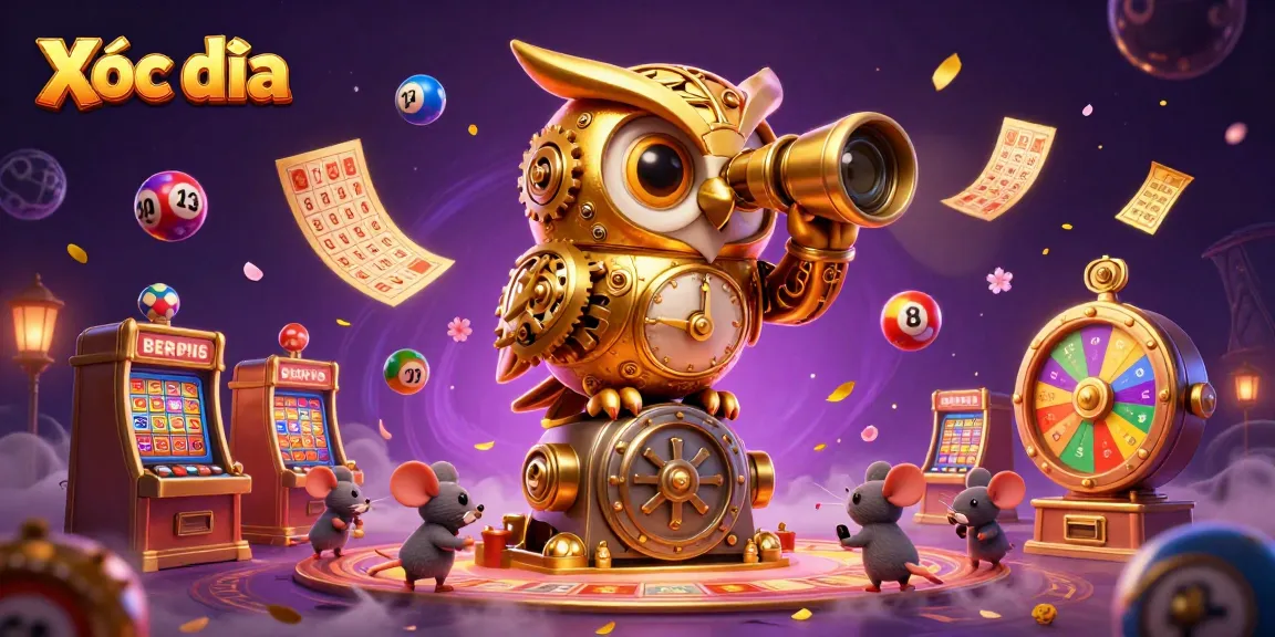 Xóc đĩa casino game illustration featuring a golden owl and dynamic game elements around it.