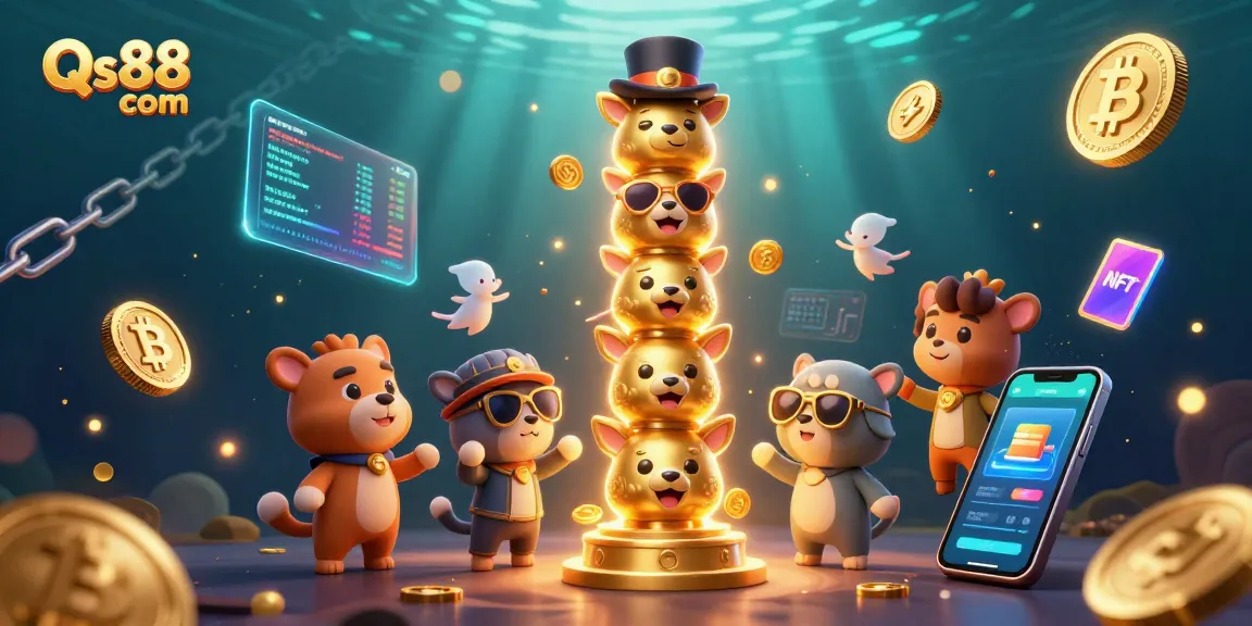 Experience the dynamic gaming adventure at Qs88 com with vibrant casino-themed visuals and crypto elements.