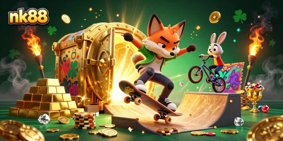 Skateboarder fox performs tricks at nk88-themed casino, vibrant 3D illustration full of gems and gold.