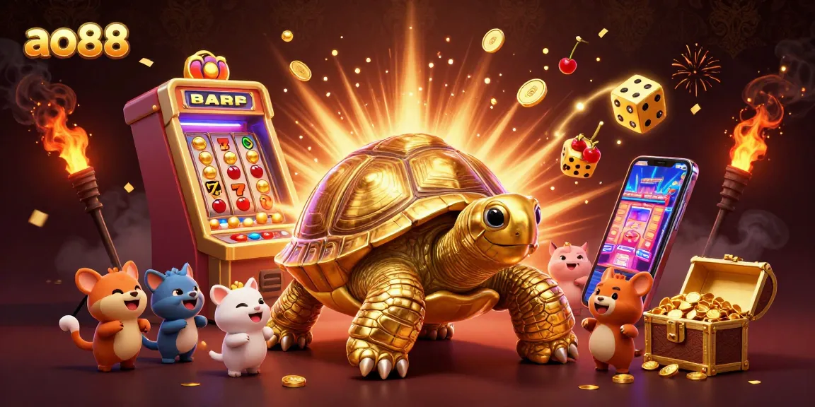 Experience jackpot thrill with ao88's dynamic games featuring a golden tortoise and exciting casino elements.