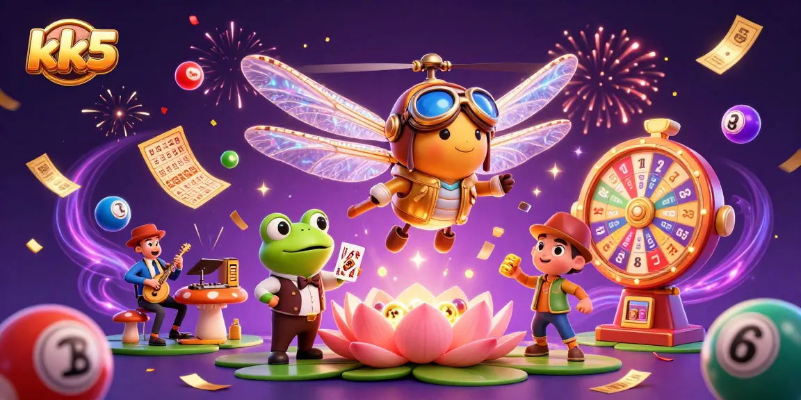 Experience thrilling gaming at kk5 with vibrant lottery balls, a dragonfly pilot, and a frog croupier.