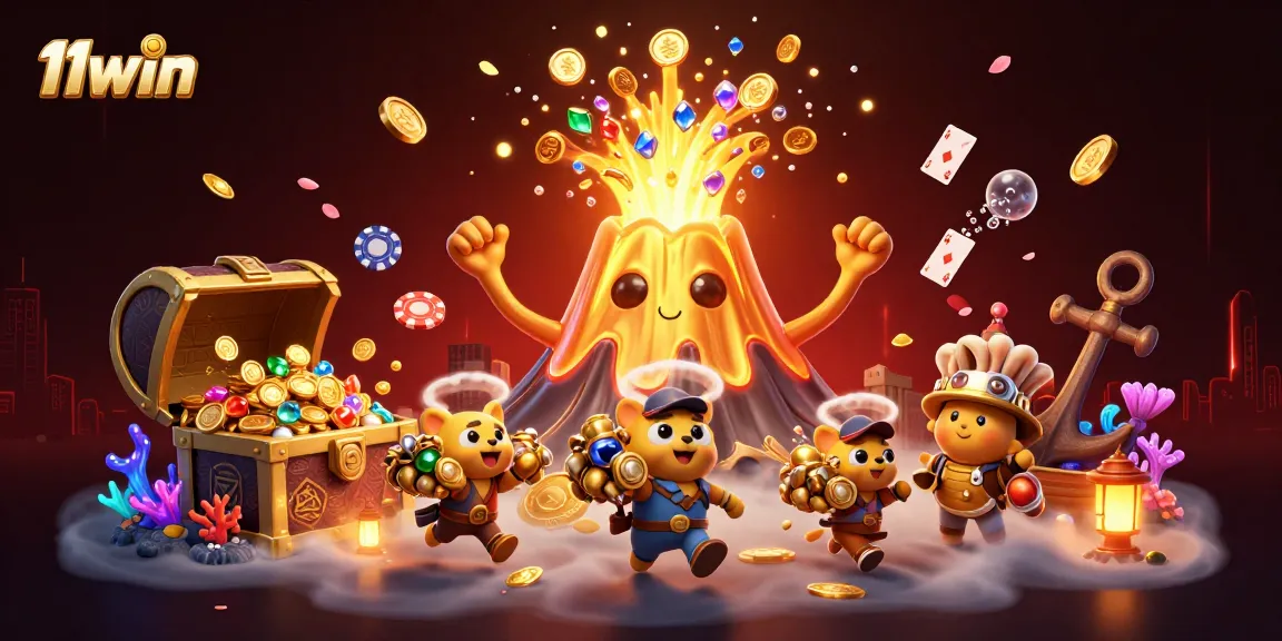 Experience thrilling wins with 11win as the lively volcano erupts coins in a vibrant casino scene.
