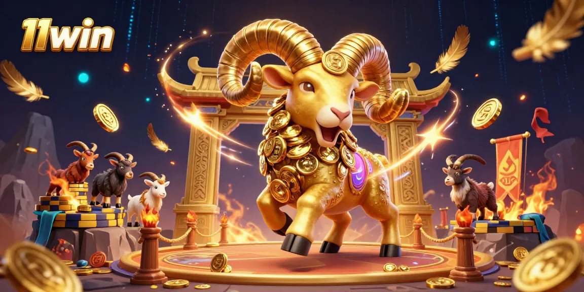 Experience the thrill of 11win’s vibrant casino scene featuring a golden ram charging through a colorful arena.