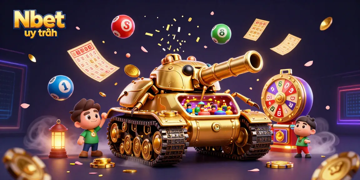Nbet uy tín showcases an exciting golden beetle tank casino scene filled with lottery balls and confetti