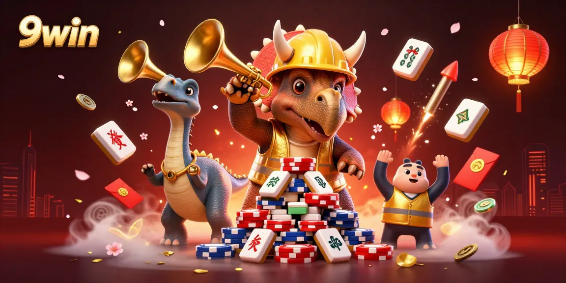 Celebrate at 9win with a festive gambling scene featuring animated dinosaurs and mahjong tiles!