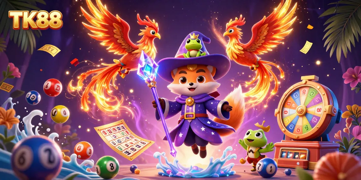 Join lively games with TK88, as a mystical wizard fox and phoenix soar amidst vibrant lottery elements.