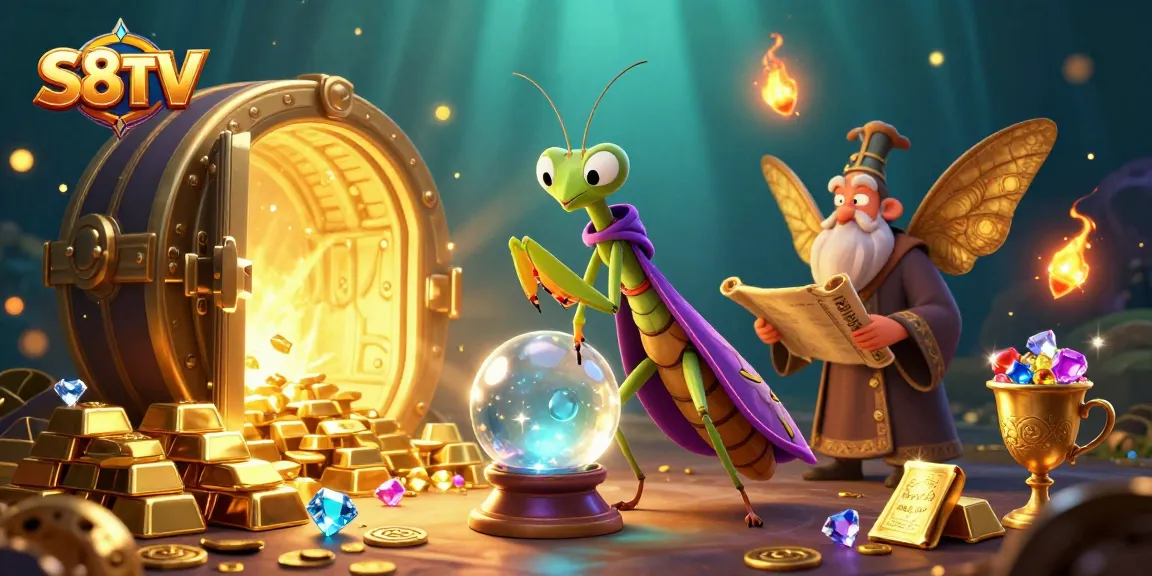 S8TV brings thrilling fortune-teller vibes with a cartoon mantis, moth librarian, and magical gems.