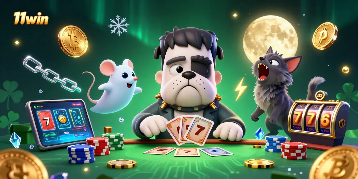 11win casino scene featuring a Frankenstein bulldog and spooky elements for an engaging experience