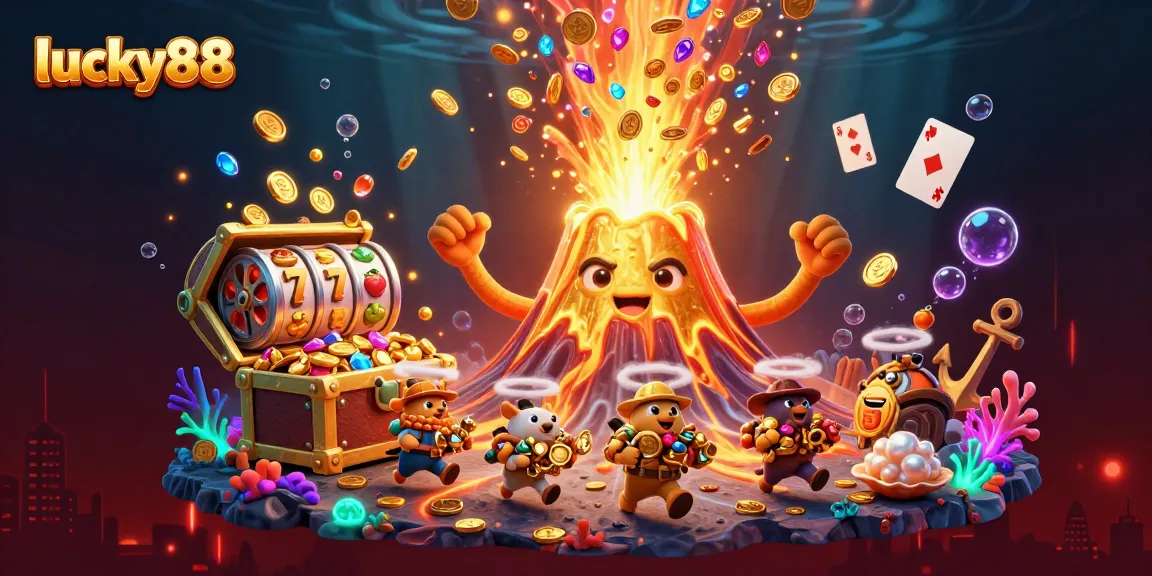 Spin the lucky88 slot reels surrounded by treasure in this vibrant 3D casino scene.