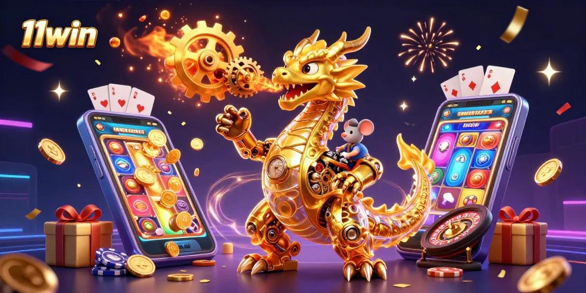 Engage with 11win's exciting 3D casino scene featuring a dragon and slot games.