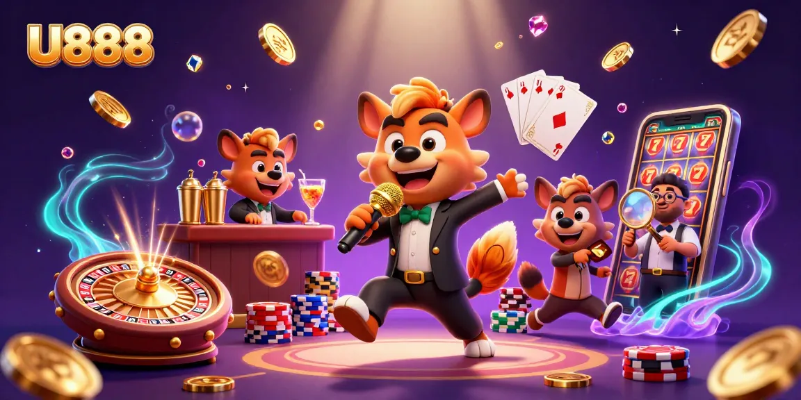Experience the excitement at U888 Casino with hyenas bringing comedy to gaming, showcasing vibrant casino elements.