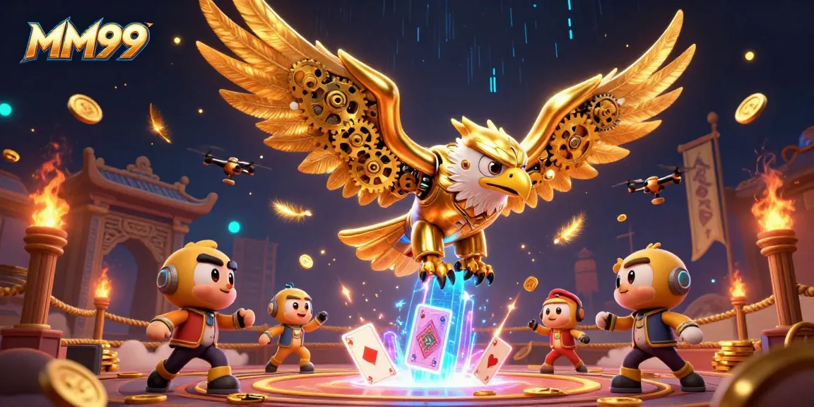 Experience thrilling gaming at MM99 with a cybernetic eagle amidst holographic cards and vibrant casino elements.