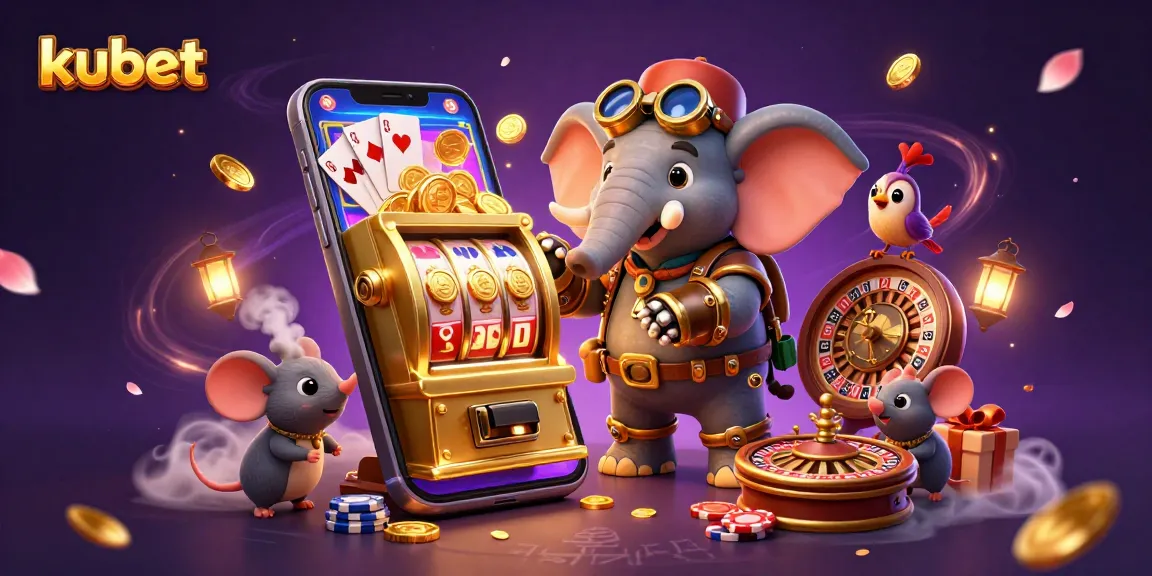 Engage with kubet's vibrant casino world featuring an elephant engineer at a golden slot machine with colorful games.