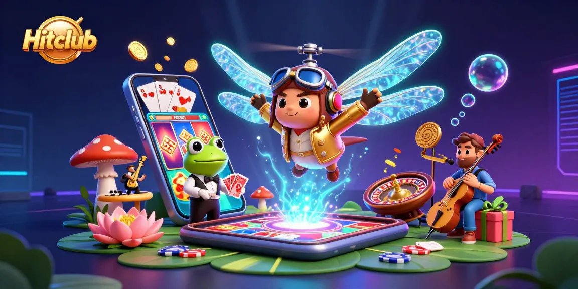 Hitclub offers thrilling game action with a 3D dragonfly pilot, entertaining guests in a vibrant casino scene.