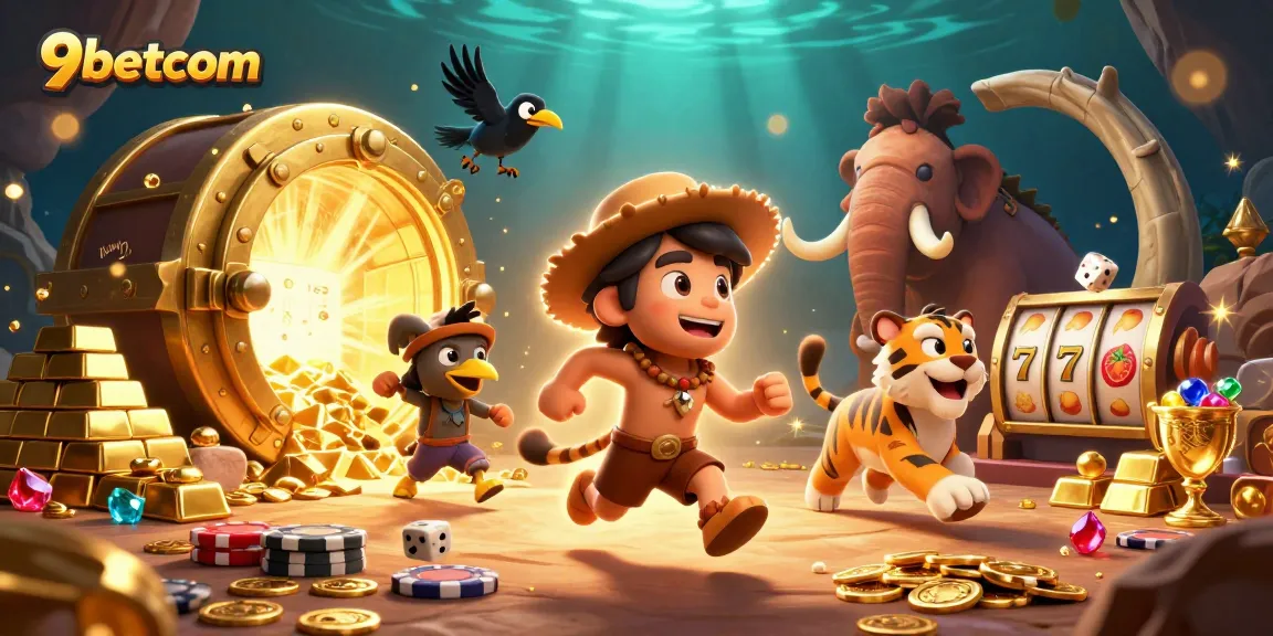 Play games with thrilling excitement at 9betcom, featuring a vibrant illustration of prehistoric gambling fun.