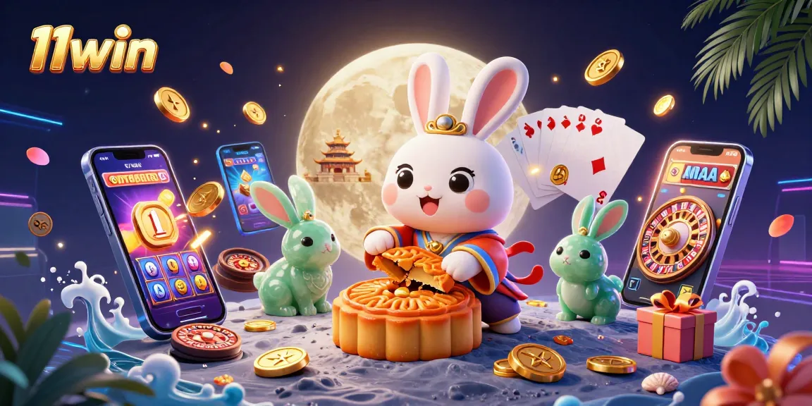 Experience the excitement of 11win with a moon rabbit, poker chips, and vibrant slot games.