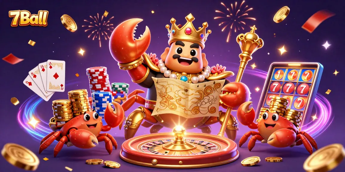 Experience the excitement of 7Ball with a vibrant scene of casino characters amidst golden treasures.